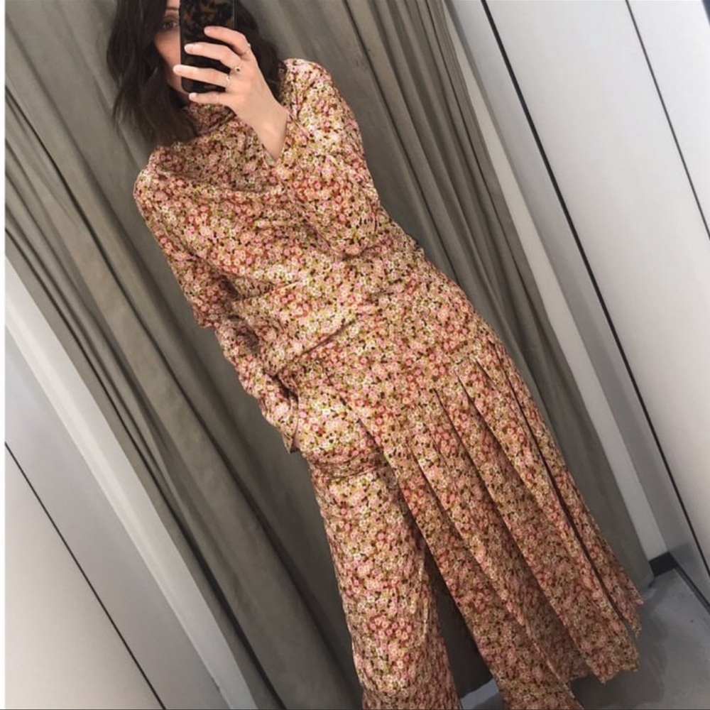 Zara Floral Pink and Green Long-Sleeve Jumpsuit